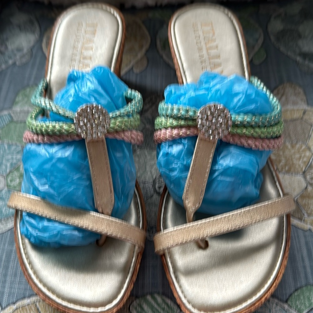 Women’s 8.5 Italian Shoemaker with wedge, gold with teal, seafoam, pink straps